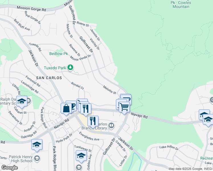 map of restaurants, bars, coffee shops, grocery stores, and more near 7305 Melotte Street in San Diego