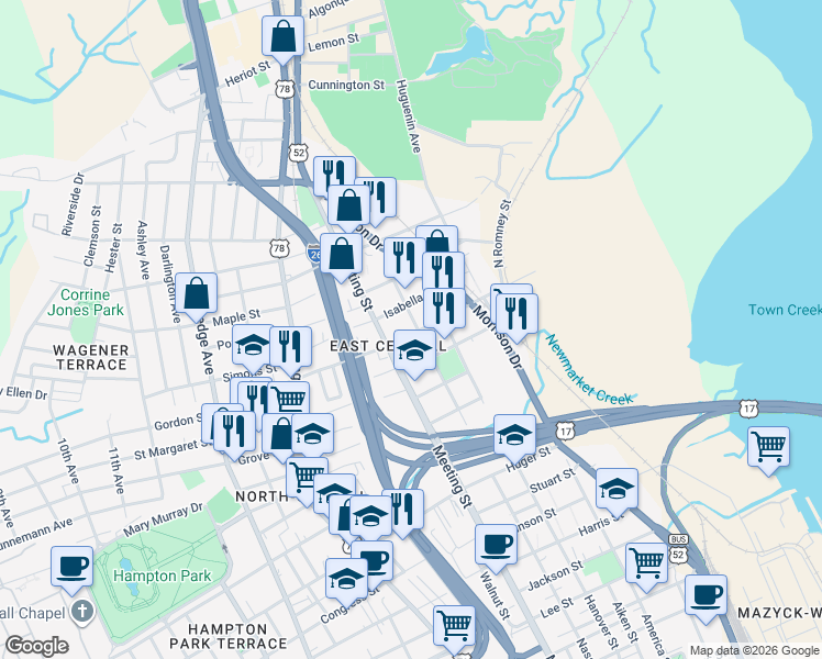 map of restaurants, bars, coffee shops, grocery stores, and more near 45 Isabella Street in Charleston
