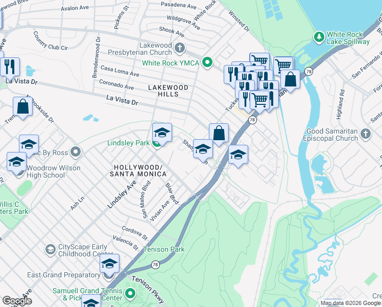 map of restaurants, bars, coffee shops, grocery stores, and more near 1022 Shadyside Lane in Dallas