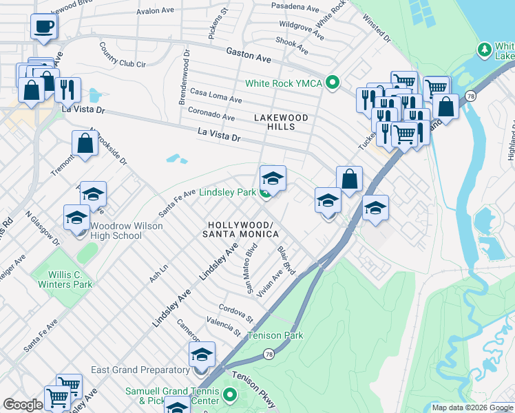 map of restaurants, bars, coffee shops, grocery stores, and more near 7018 Santa Monica Drive in Dallas