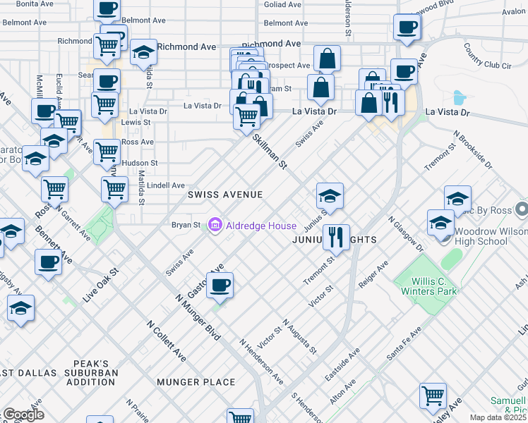 map of restaurants, bars, coffee shops, grocery stores, and more near 5701 Gaston Avenue in Dallas