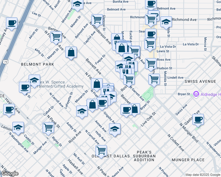map of restaurants, bars, coffee shops, grocery stores, and more near 1809 Bennett Avenue in Dallas