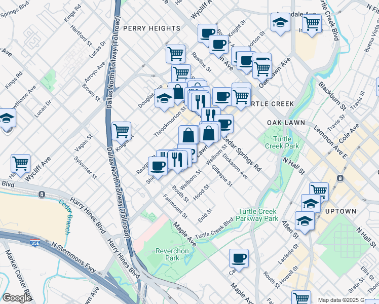 map of restaurants, bars, coffee shops, grocery stores, and more near 2837 Shelby Avenue in Dallas