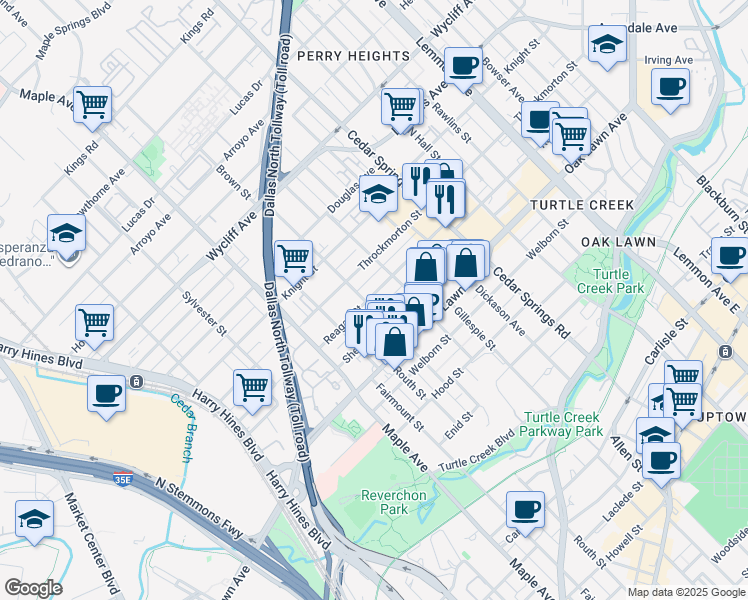 map of restaurants, bars, coffee shops, grocery stores, and more near 2720 Reagan Street in Dallas