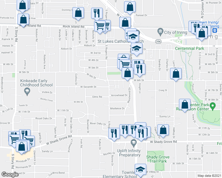 map of restaurants, bars, coffee shops, grocery stores, and more near 634 South Rogers Road in Irving