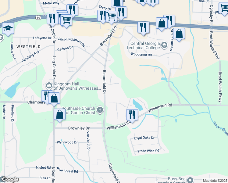 map of restaurants, bars, coffee shops, grocery stores, and more near 3110 Bloomfield Drive in Macon
