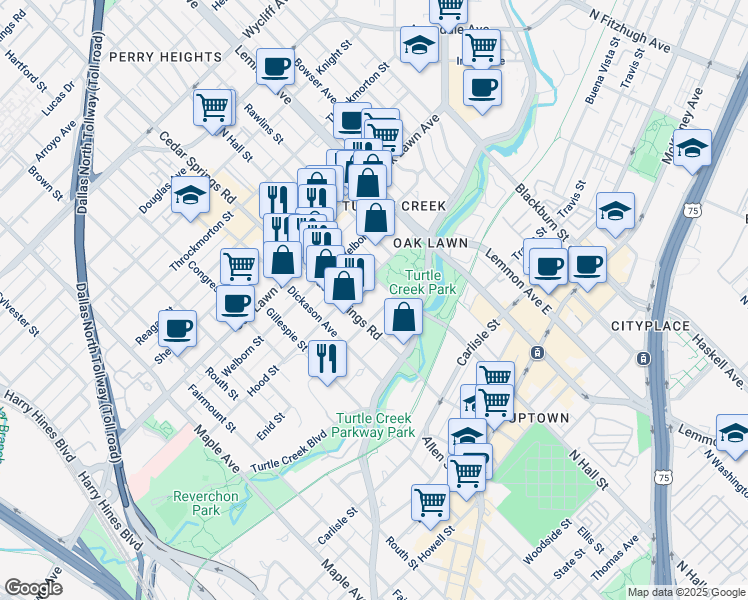 map of restaurants, bars, coffee shops, grocery stores, and more near 3535 North Hall Street in Dallas