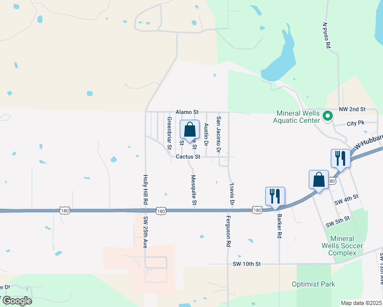 map of restaurants, bars, coffee shops, grocery stores, and more near 501 Mesquite Street in Mineral Wells