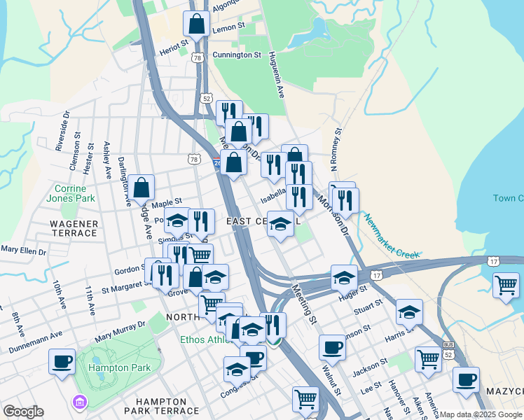 map of restaurants, bars, coffee shops, grocery stores, and more near 45 Isabella Street in Charleston