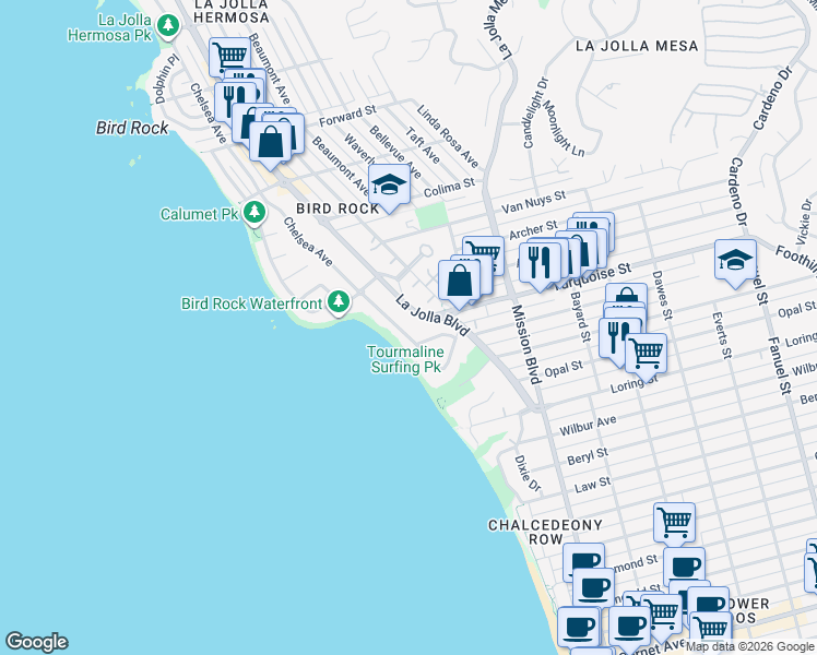 map of restaurants, bars, coffee shops, grocery stores, and more near 5227 Chelsea Street in San Diego