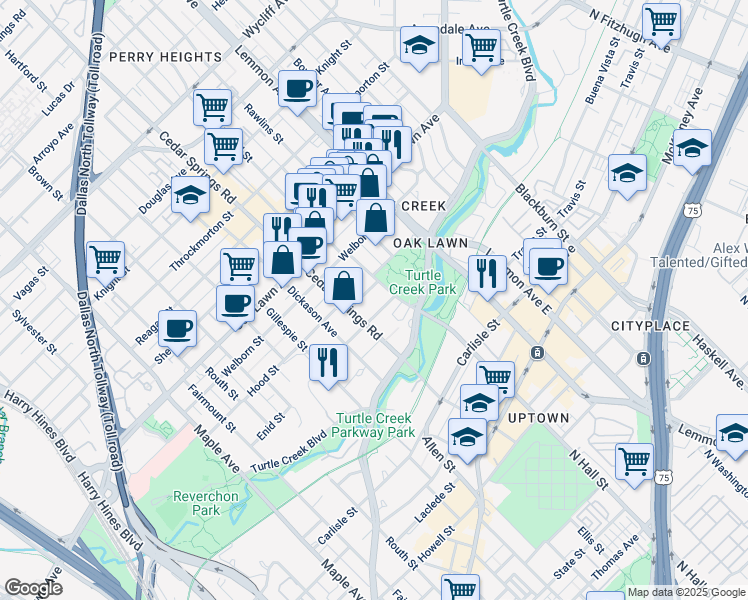 map of restaurants, bars, coffee shops, grocery stores, and more near 3535 North Hall Street in Dallas