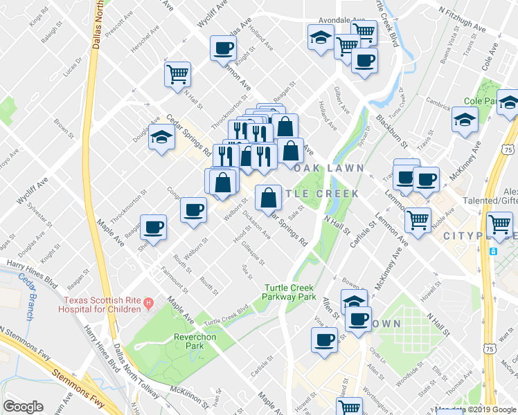 map of restaurants, bars, coffee shops, grocery stores, and more near 3609 Cedar Springs Road in Dallas