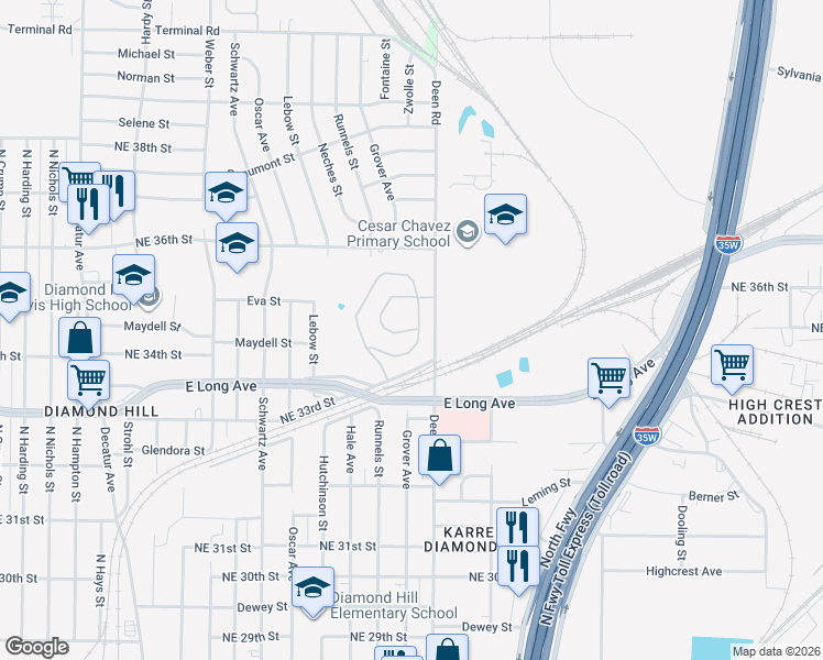 map of restaurants, bars, coffee shops, grocery stores, and more near 3601 Deen Road in Fort Worth