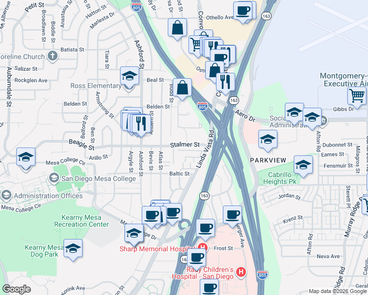 map of restaurants, bars, coffee shops, grocery stores, and more near in San Diego