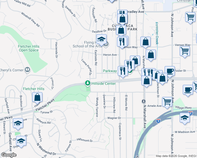 map of restaurants, bars, coffee shops, grocery stores, and more near 1520 Cliffdale Road in El Cajon
