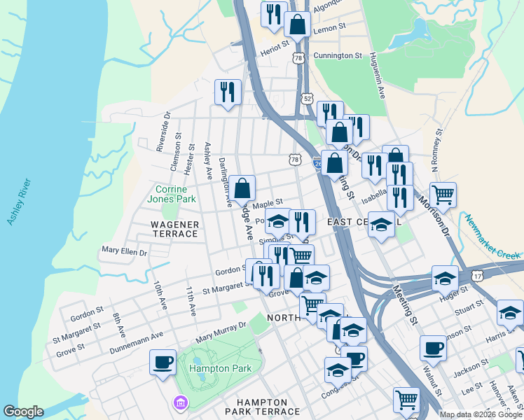 map of restaurants, bars, coffee shops, grocery stores, and more near 66 Maple Street in Charleston