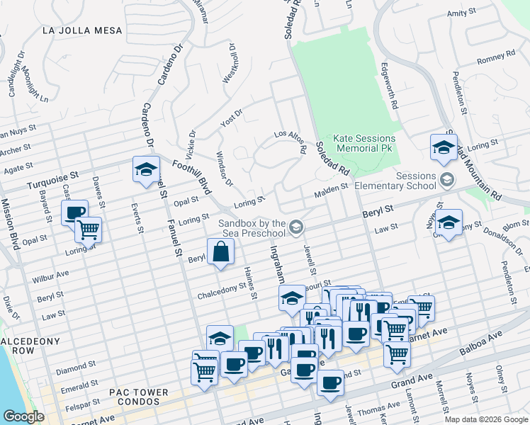 map of restaurants, bars, coffee shops, grocery stores, and more near 1550 Monmouth Drive in San Diego