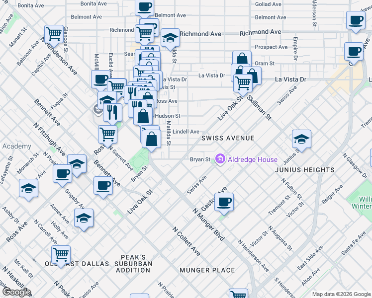 map of restaurants, bars, coffee shops, grocery stores, and more near 5820 Bryan Parkway in Dallas