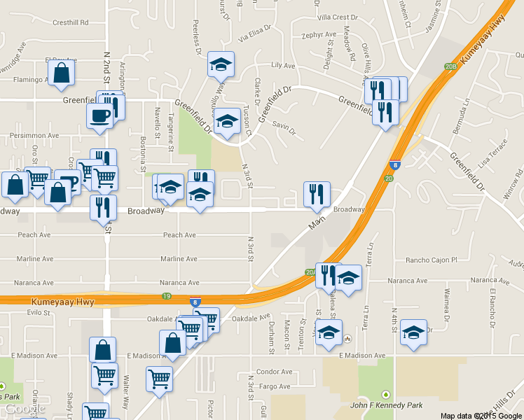 map of restaurants, bars, coffee shops, grocery stores, and more near 1506 Broadway in El Cajon