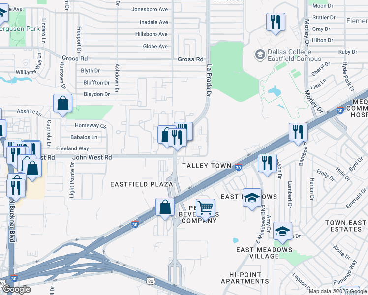 map of restaurants, bars, coffee shops, grocery stores, and more near 8300 La Prada Drive in Dallas
