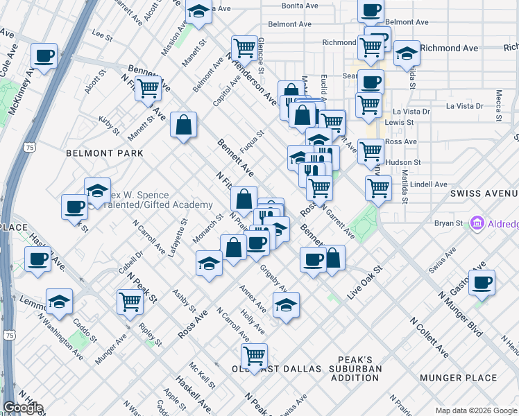 map of restaurants, bars, coffee shops, grocery stores, and more near 1809 Bennett Avenue in Dallas
