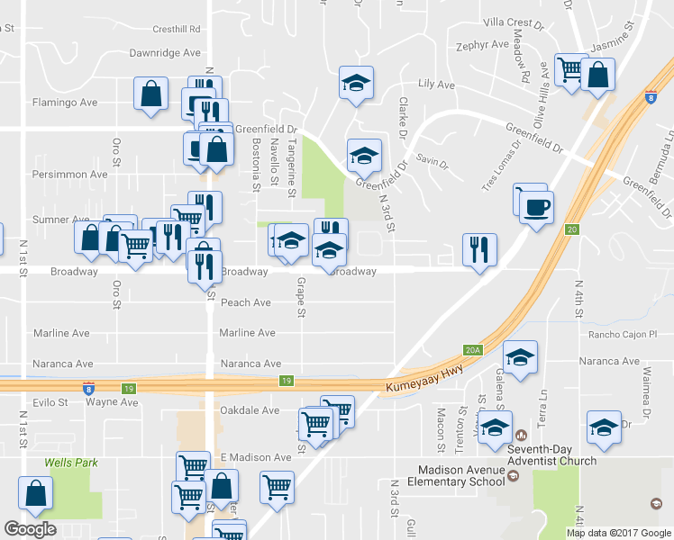 map of restaurants, bars, coffee shops, grocery stores, and more near 1440 Broadway in El Cajon