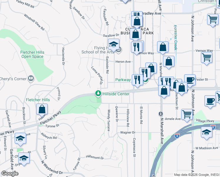 map of restaurants, bars, coffee shops, grocery stores, and more near 1520 Cliffdale Road in El Cajon