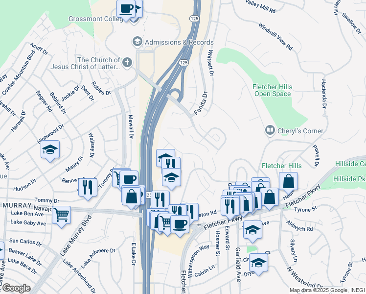 map of restaurants, bars, coffee shops, grocery stores, and more near 2734 Katherine Street in El Cajon