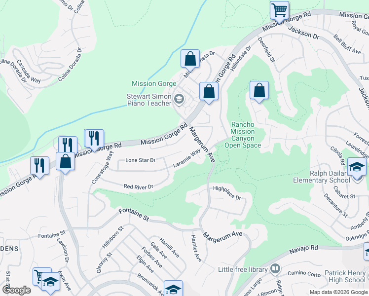 map of restaurants, bars, coffee shops, grocery stores, and more near 7760 Margerum Avenue in San Diego