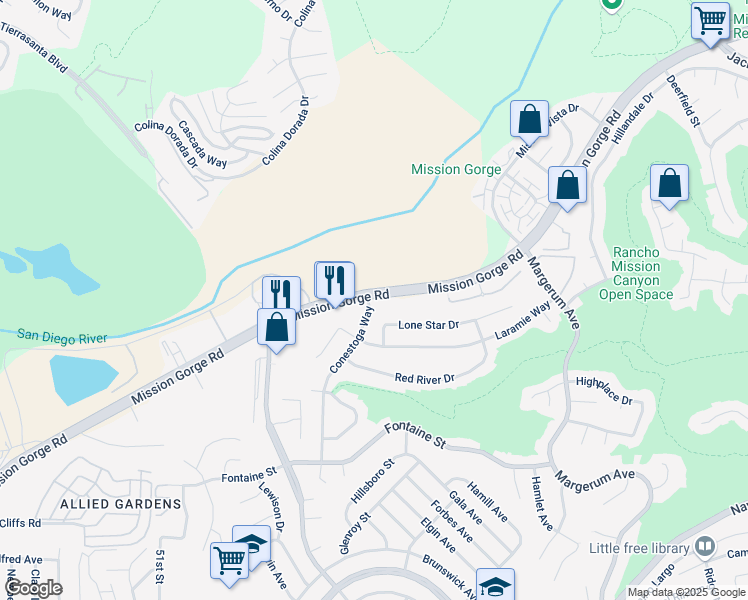 map of restaurants, bars, coffee shops, grocery stores, and more near 7601 Mission Gorge Road in San Diego