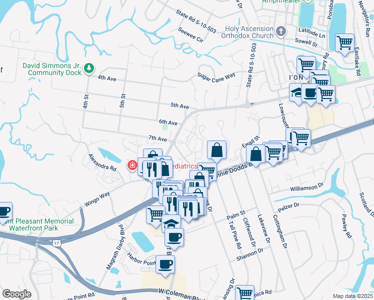 map of restaurants, bars, coffee shops, grocery stores, and more near 301 Seabrook Lane in Mount Pleasant