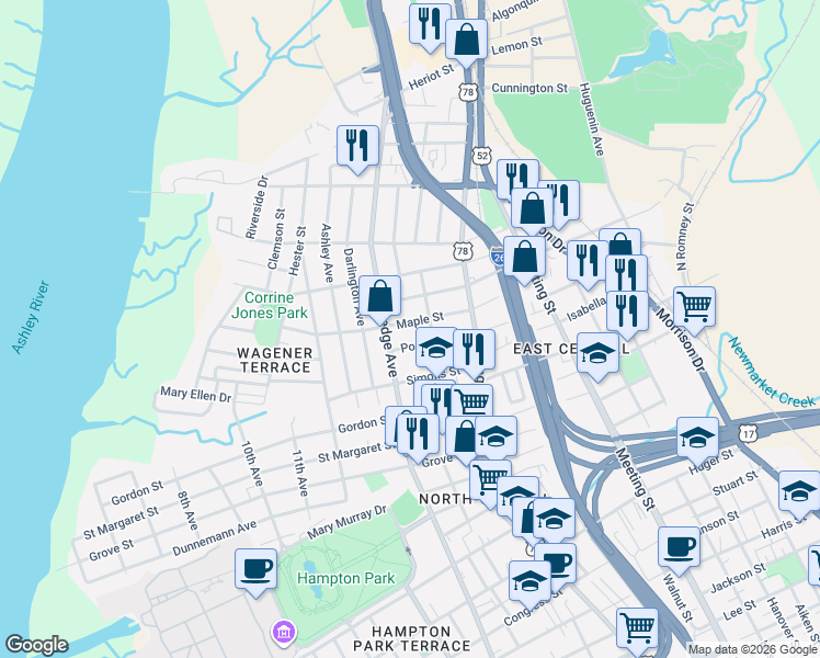 map of restaurants, bars, coffee shops, grocery stores, and more near 66 Maple Street in Charleston