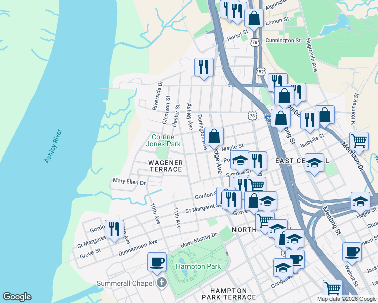 map of restaurants, bars, coffee shops, grocery stores, and more near 19 Piedmont Avenue in Charleston
