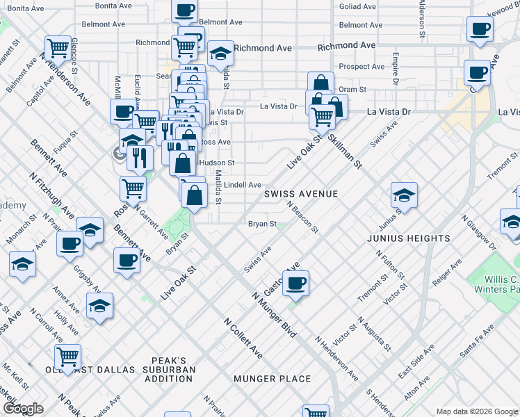 map of restaurants, bars, coffee shops, grocery stores, and more near 5505 Live Oak Street in Dallas