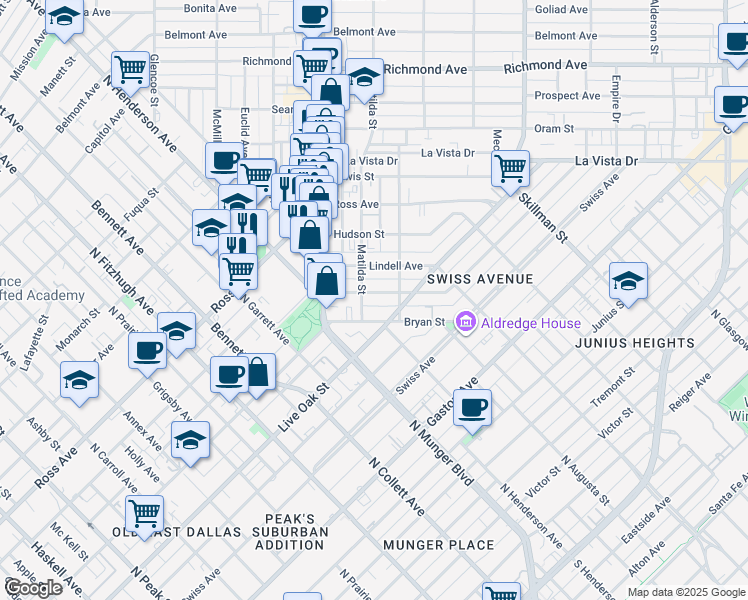 map of restaurants, bars, coffee shops, grocery stores, and more near 5707 Bryan Parkway in Dallas