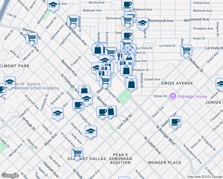 map of restaurants, bars, coffee shops, grocery stores, and more near 1502 North Garrett Avenue in Dallas