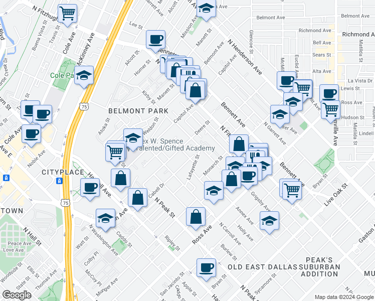 map of restaurants, bars, coffee shops, grocery stores, and more near 4650 Deere Street in Dallas