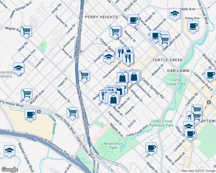map of restaurants, bars, coffee shops, grocery stores, and more near 2720 Reagan Street in Dallas