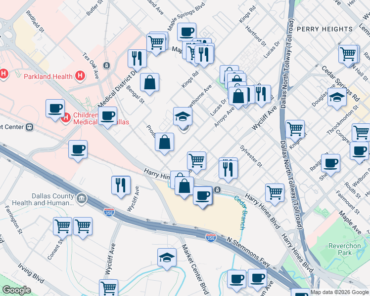 map of restaurants, bars, coffee shops, grocery stores, and more near 2214 Lucas Drive in Dallas
