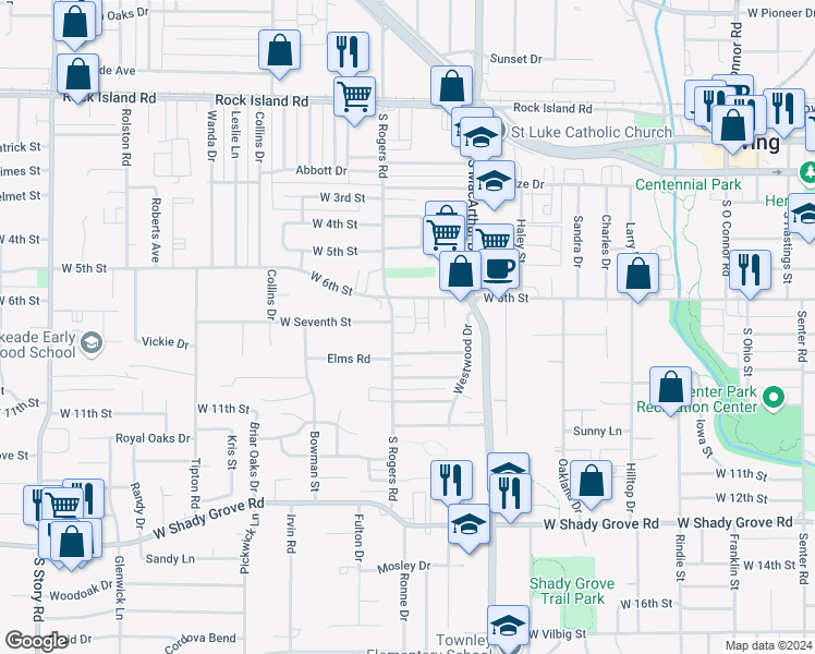 map of restaurants, bars, coffee shops, grocery stores, and more near 634 South Rogers Road in Irving