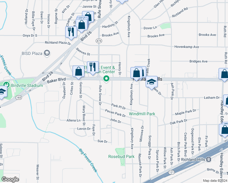 map of restaurants, bars, coffee shops, grocery stores, and more near 3121 Kings Court in Richland Hills