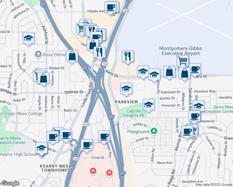 map of restaurants, bars, coffee shops, grocery stores, and more near 3615 Kearny Villa Road in San Diego