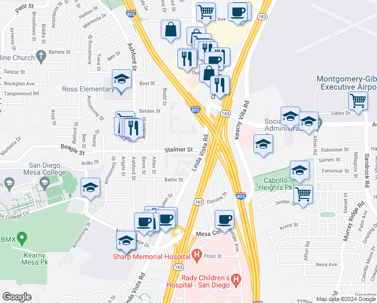 map of restaurants, bars, coffee shops, grocery stores, and more near 7827 Stalmer Street in San Diego