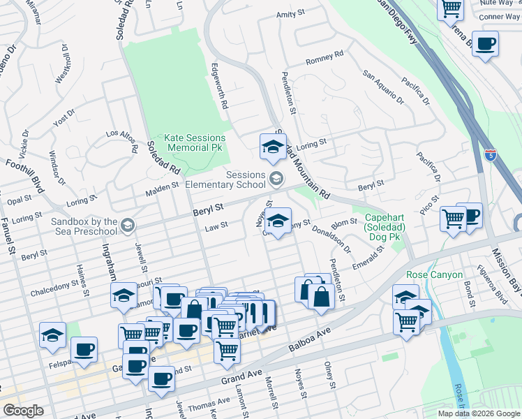 map of restaurants, bars, coffee shops, grocery stores, and more near 4877 Noyes Street in San Diego