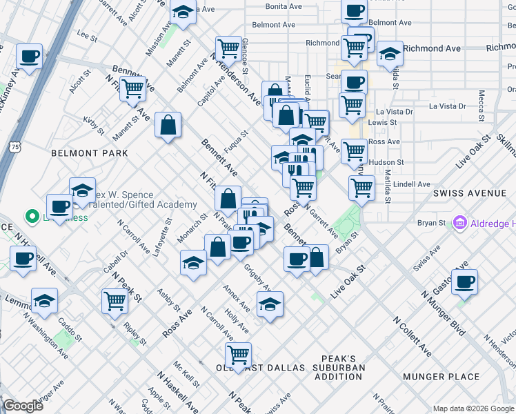 map of restaurants, bars, coffee shops, grocery stores, and more near 1727 Bennett Avenue in Dallas