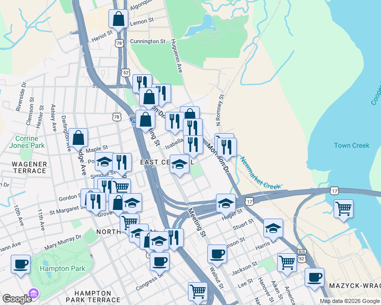 map of restaurants, bars, coffee shops, grocery stores, and more near 55 Romney Street in Charleston