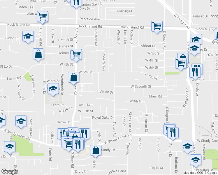 map of restaurants, bars, coffee shops, grocery stores, and more near 601 Tipton Road in Irving