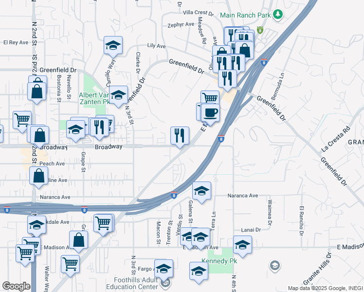 map of restaurants, bars, coffee shops, grocery stores, and more near 1568 Broadway in El Cajon