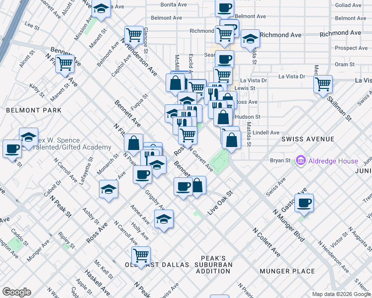 map of restaurants, bars, coffee shops, grocery stores, and more near 5034 Ross Avenue in Dallas