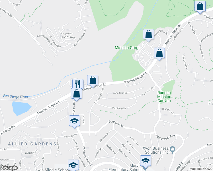 map of restaurants, bars, coffee shops, grocery stores, and more near 7617 Mission Gorge Road in San Diego